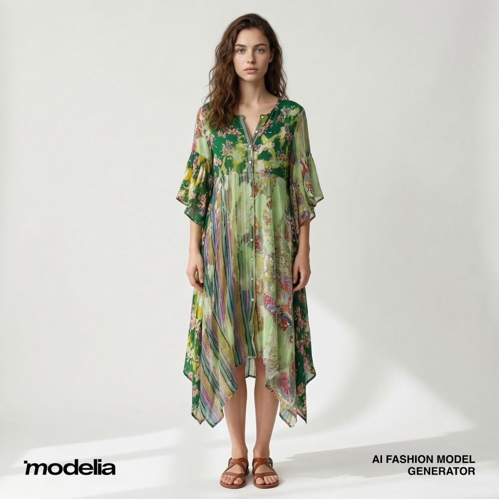 Umgee Womens High Low Kimono Sleeve Dress Green